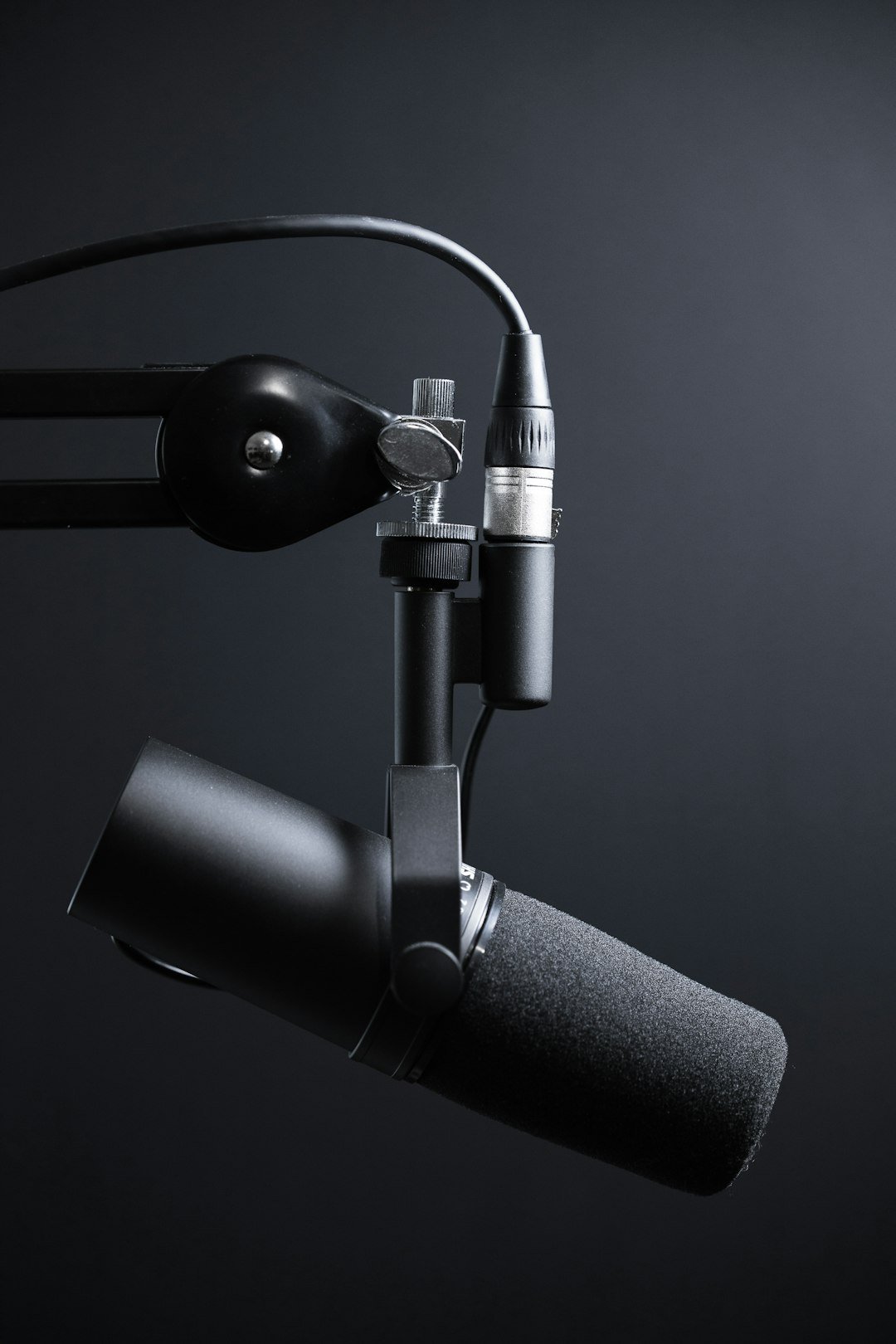 Microphone with stand used for podcast recording and promotion